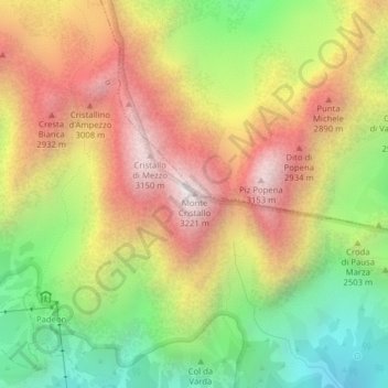 Topografische kaart Monte Cristallo, hoogte, reliëf