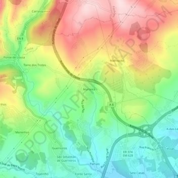 Topografische kaart Murteira, hoogte, reliëf