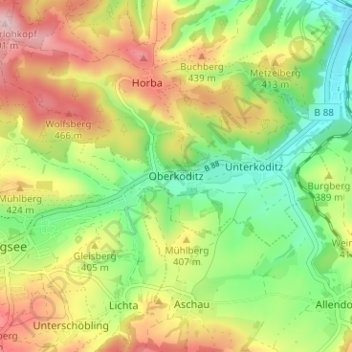 Topografische kaart Oberköditz, hoogte, reliëf
