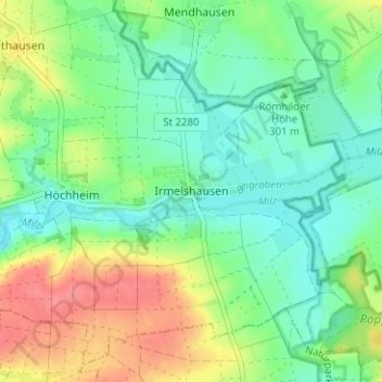Topografische kaart Irmelshausen, hoogte, reliëf
