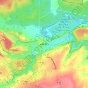 Topografische kaart Virelles, hoogte, reliëf