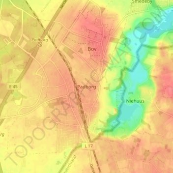 Topografische kaart Padborg, hoogte, reliëf