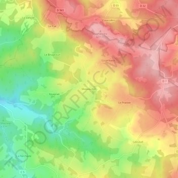 Topografische kaart Masvaudier, hoogte, reliëf