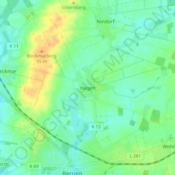 Topografische kaart Hagen, hoogte, reliëf