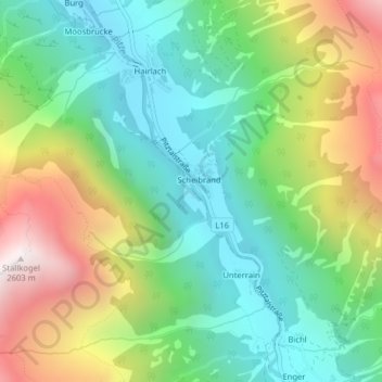 Topografische kaart Pitztal, hoogte, reliëf