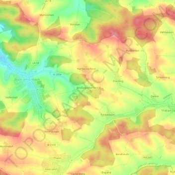 Topografische kaart Großaibacherforst, hoogte, reliëf