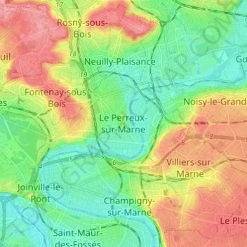 Topografische kaart Le Perreux-sur-Marne, hoogte, reliëf