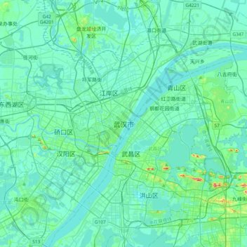 Topografische kaart 武汉市, hoogte, reliëf