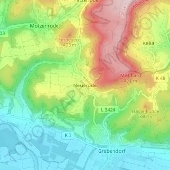 Topografische kaart Neuerode, hoogte, reliëf