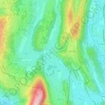 Topografische kaart Bourcia, hoogte, reliëf