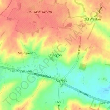 Topografische kaart Brington, hoogte, reliëf