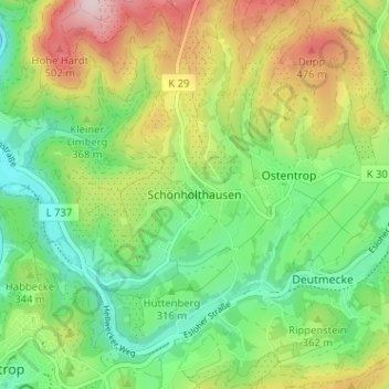 Topografische kaart Schönholthausen, hoogte, reliëf