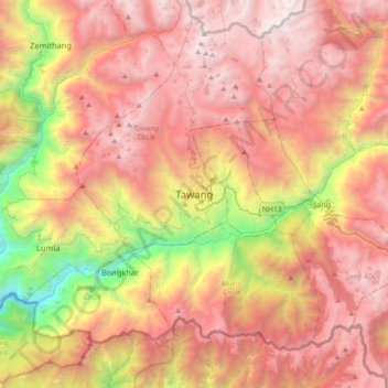 Topografische kaart Tawang, hoogte, reliëf