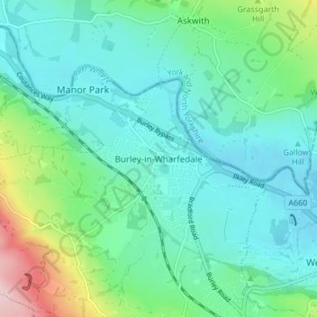 Topografische kaart Burley-in-Wharfedale, hoogte, reliëf