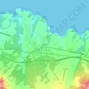 Topografische kaart Llóngara, hoogte, reliëf