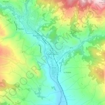 Topografische kaart Pratovecchio, hoogte, reliëf