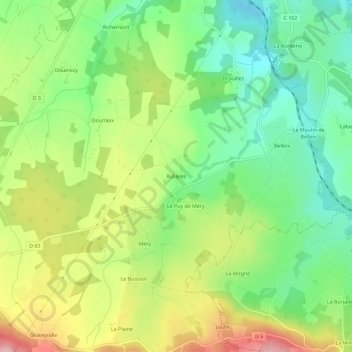 Topografische kaart Rulières, hoogte, reliëf
