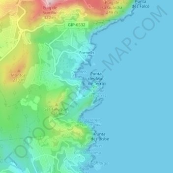 Topografische kaart Aiguablava, hoogte, reliëf