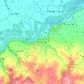 Topografische kaart Ettling, hoogte, reliëf