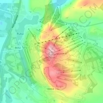 Topografische kaart Ruka, hoogte, reliëf