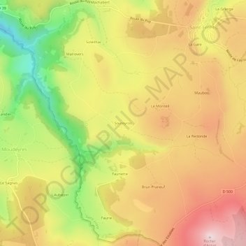 Topografische kaart Souteyros, hoogte, reliëf