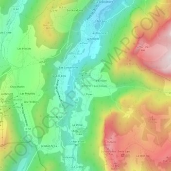 Topografische kaart Le Frêne, hoogte, reliëf