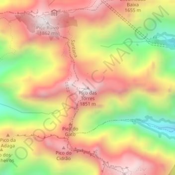 Topografische kaart Pico das Torres, hoogte, reliëf
