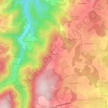 Topografische kaart Beaumont, hoogte, reliëf