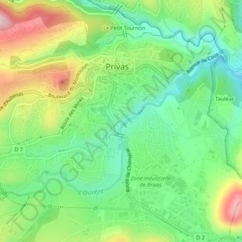 Topografische kaart Ouvèze, hoogte, reliëf