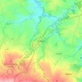 Topografische kaart Krögis, hoogte, reliëf