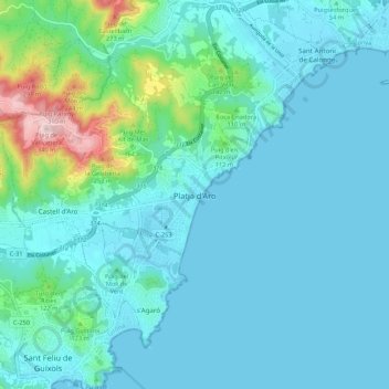 Topografische kaart Platja d'Aro, hoogte, reliëf