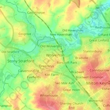 Topografische kaart Wolverton, hoogte, reliëf