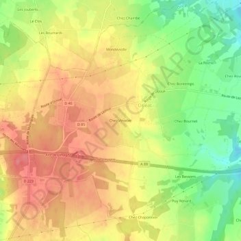 Topografische kaart Chez Vinatier, hoogte, reliëf