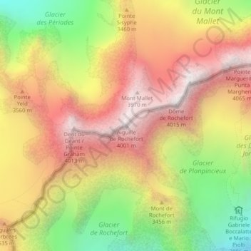 Topografische kaart Aiguille de Rochefort, hoogte, reliëf