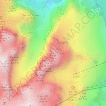Topografische kaart Boèseekofel, hoogte, reliëf
