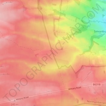 Topografische kaart Greenhaugh, hoogte, reliëf