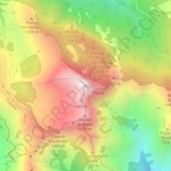 Topografische kaart Monte Sagro, hoogte, reliëf