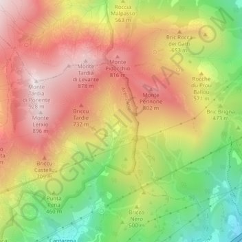 Topografische kaart Paxio, hoogte, reliëf
