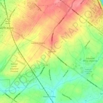 Topografische kaart Gwynedd, hoogte, reliëf
