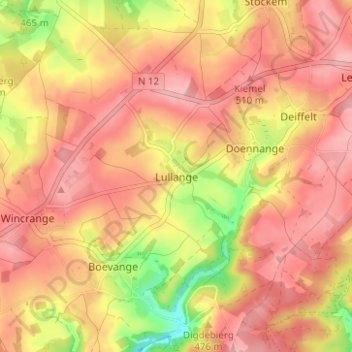 Topografische kaart Lullange, hoogte, reliëf