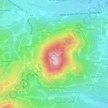Topografische kaart Mont Brouilly, hoogte, reliëf