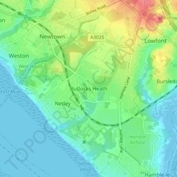 Topografische kaart Butlocks Heath, hoogte, reliëf