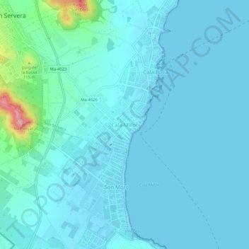Topografische kaart Cala Millor, hoogte, reliëf