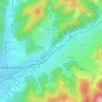 Topografische kaart Unterharmersbach, hoogte, reliëf