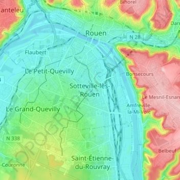 Topografische kaart Sotteville-lès-Rouen, hoogte, reliëf