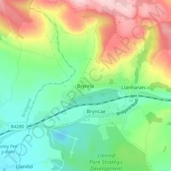 Topografische kaart Brynna, hoogte, reliëf