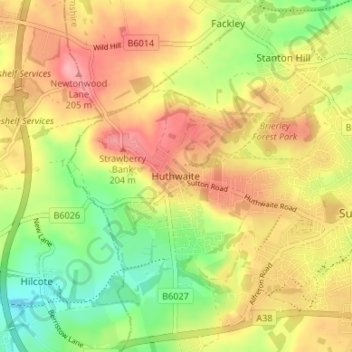 Topografische kaart Huthwaite, hoogte, reliëf