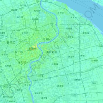 Topografische kaart Pudong, hoogte, reliëf