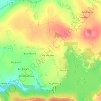 Topografische kaart Kerféos, hoogte, reliëf
