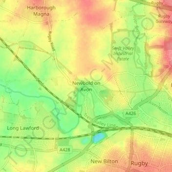 Topografische kaart Newbold on Avon, hoogte, reliëf